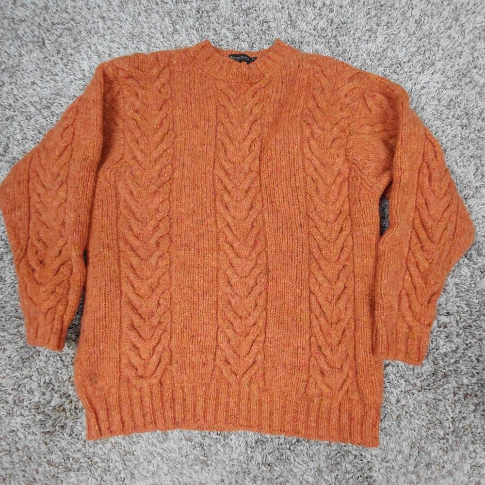 Fisherman Out Of Ireland Pure Wool Sweater Mens Medium Orange Heavy Thick Cable
